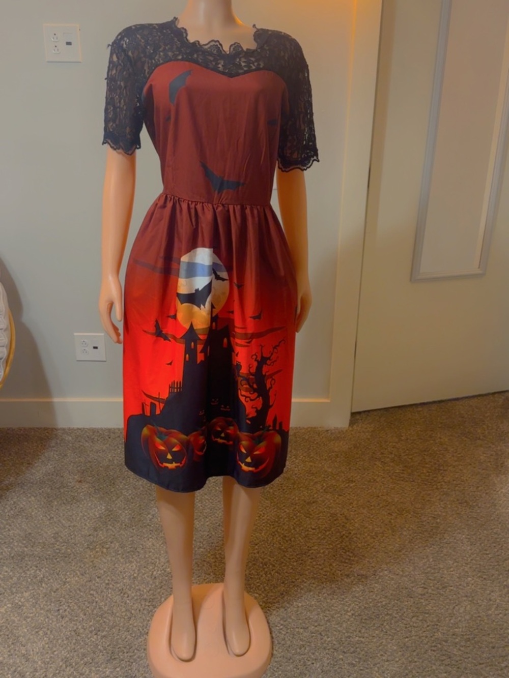 Halloween Pumpkin & Castle Lace-Top Midi Dress - Red